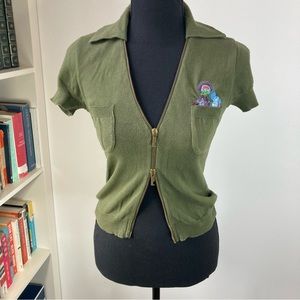 VINTAGE - 90s ICEBERG Military Green Knitted Zippered Short-Sleeved Top